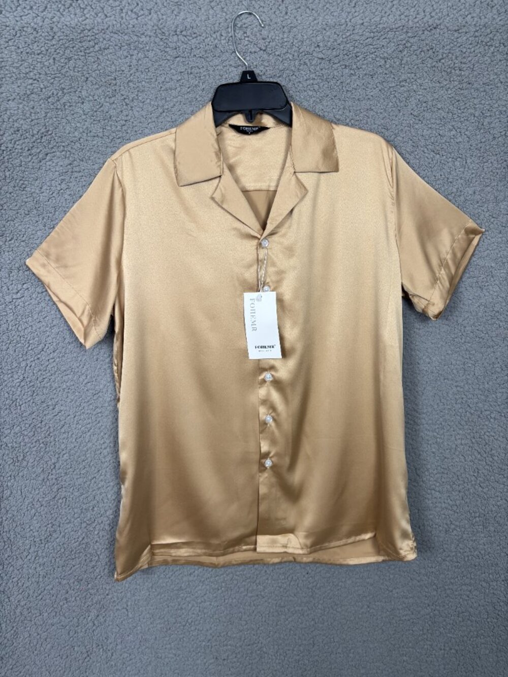 FOHEMR Mens Gold Satin Short Sleeve Button-Up Shirt Size Small New With Tag's